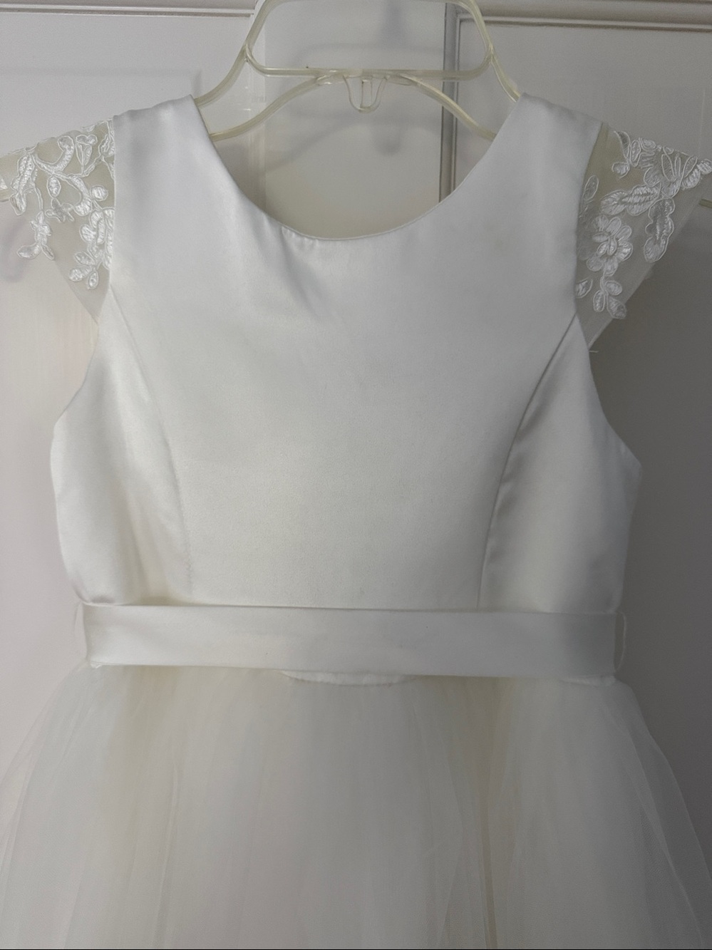White Tulle Flower Girl Dress with Lace Cap Sleeves - Picture 2 of 12